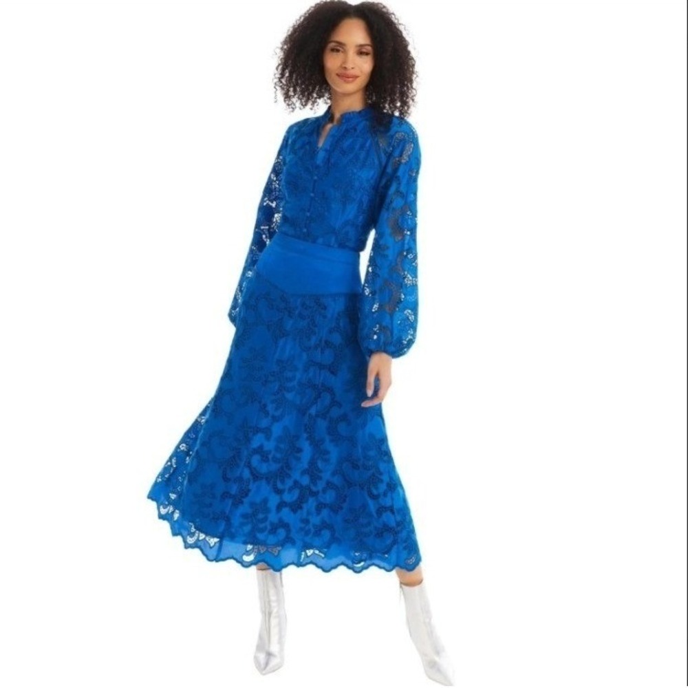 Anthropologie by Allison New York Midi Blue Lace Boho Coquette Skirt 4 S NWT